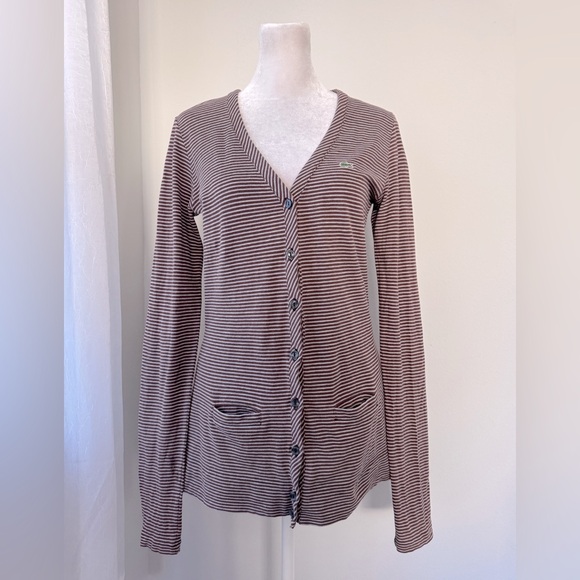 Vintage '00s Lacoste Brown Stripe Lightweight V-Neck Button Down Cardigan - Picture 3 of 9